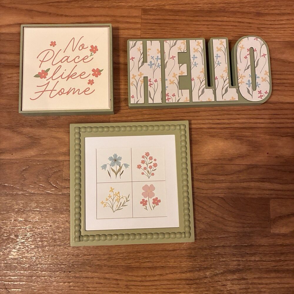 Green Floral Decorative HELLO,  Beaded Frame Pic, Block W/No Place Like Home New